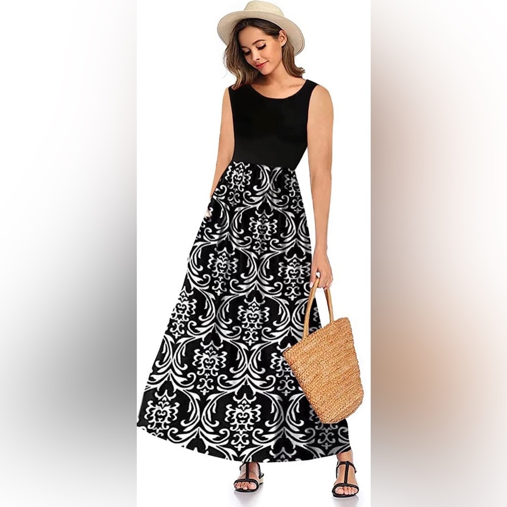 SHELY Women's Sleeveless Loose Plain Casual Maxi Long Dresses with Pockets